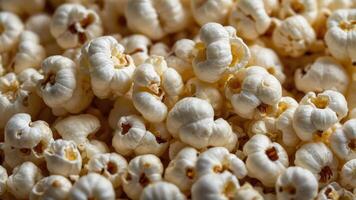 Close-up of fluffy, popped popcorn kernels, ideal for snacking or movie nights. photo