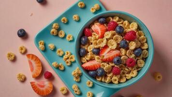 A vibrant bowl of cereal topped with berries and fruit, set on a colorful background. photo