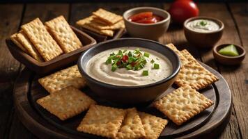 A platter featuring crackers, dip, and garnishes for a snack or appetizer setting. photo