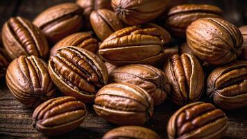 A close-up of pecan nuts showcasing their rich texture and natural brown color. photo