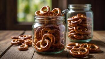 A rustic display of pretzels in glass jars on a wooden table, emphasizing snack appeal. photo