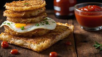 A stack of crispy hash browns topped with a fried egg, served with ketchup on a wooden table. photo