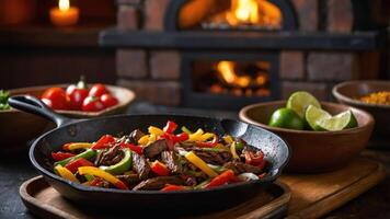 A sizzling skillet of colorful fajitas with fresh ingredients and a warm fireplace backdrop. photo