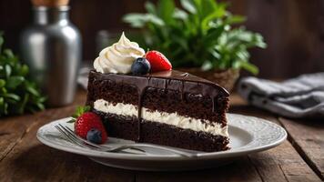 A slice of chocolate cake topped with cream and berries on a decorative plate. photo
