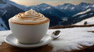 A warm cup of coffee topped with cream sits on a snowy surface with mountains in the background. photo