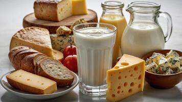 A variety of dairy products including cheese, milk, and bread arranged on a table. photo
