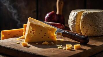 A rustic scene featuring a wedge of cheese and a whole cheese wheel on a wooden board. photo