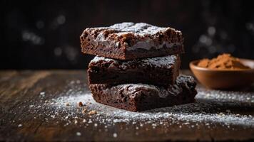 A stack of delicious brownies dusted with powdered sugar, placed on a rustic wooden surface. photo