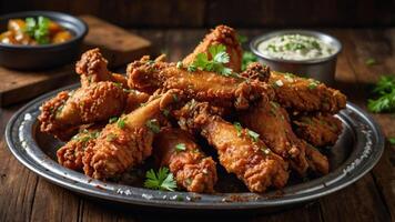 A platter of crispy fried chicken wings garnished with herbs and served with dipping sauces. photo