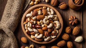 A wooden bowl filled with assorted nuts on a rustic wooden surface. photo