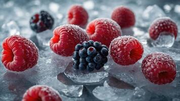 A close-up of frozen raspberries and blackberries on ice, showcasing freshness and texture. photo