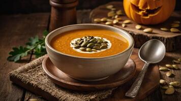 A bowl of creamy pumpkin soup garnished with seeds, set against a rustic autumn backdrop. photo