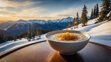 A bowl of oatmeal with toppings sits on a table against a stunning mountain sunset backdrop. photo