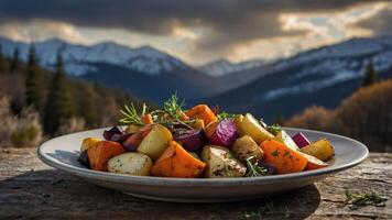 A plate of roasted vegetables set against a scenic mountain backdrop. photo