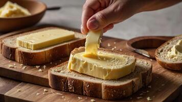 A hand spreading butter on slices of bread on a wooden cutting board. photo