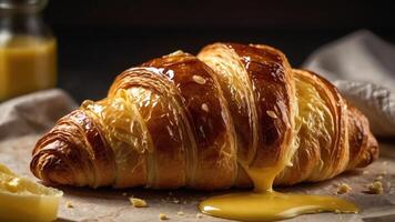 A golden croissant with lemon curd oozing out, set on a textured surface. photo