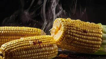 Freshly cooked corn on the cob with steam rising, highlighting its texture and flavor. photo