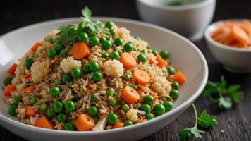A vibrant bowl of vegetable fried rice with peas, carrots, and cauliflower. photo