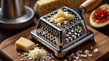 A cheese grater with grated cheese and a block of cheese on a wooden board. photo