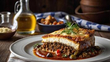 A delicious serving of moussaka with meat, topped with cheese and herbs on a rustic table. photo