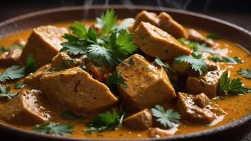 A steaming bowl of curry with tofu, garnished with fresh cilantro. photo