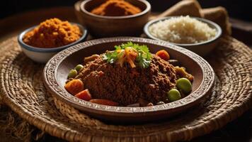 A vibrant plate of traditional food with spices and rice, showcasing culinary diversity. photo