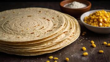 A stack of tortillas with corn and cheese, suggesting preparation for a meal. photo