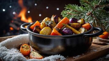 A pot of roasted vegetables surrounded by a cozy, festive atmosphere. photo