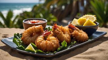 A plate of fried shrimp served with sauce and lemon, set against a beach backdrop. photo