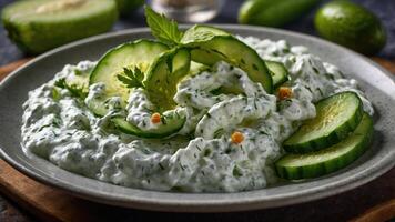 A creamy cucumber salad garnished with fresh herbs and sliced cucumbers. photo