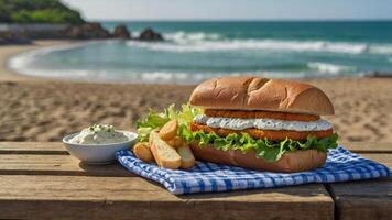 A sandwich and fries on a beachside table with ocean view, evoking a relaxed dining experience. photo
