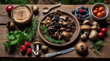 A rustic display of assorted mushrooms and berries on a wooden table, highlighting nature's bounty. photo