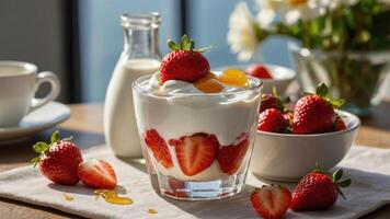 A refreshing dessert featuring yogurt, strawberries, and a touch of cream. photo