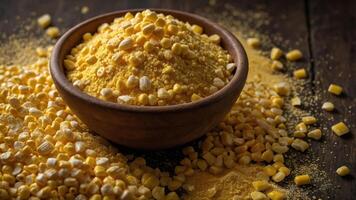 A bowl of cornmeal surrounded by kernels and corn flour on a wooden surface. photo