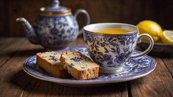 A cozy tea setting with a cup, teapot, lemon, and slices of cake on a wooden table. photo