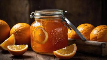 A jar of orange marmalade surrounded by fresh oranges on a rustic wooden surface. photo