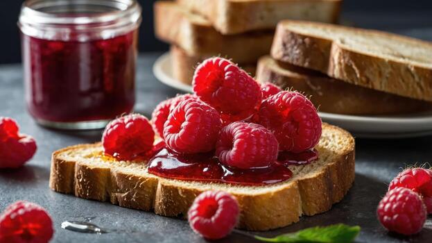 A slice of bread topped with raspberry jam and fresh raspberries, creating a delicious snack. photo