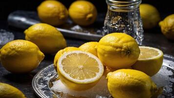 Fresh lemons on a silver tray with ice, showcasing their vibrant color and texture. photo