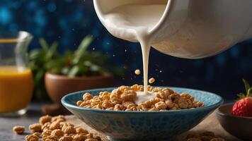 A bowl of cereal being poured with milk, surrounded by fresh strawberries and juice. photo