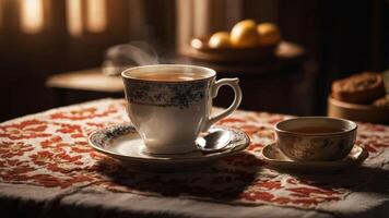 A steaming cup of tea on a decorative table with a small cup and fruits in the background. photo