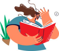 Frightened woman with book in hurry to prepare for exam for admission to university or college. Girl student reads book and makes frightened face after learning about unexpected fact from history png