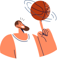 Man professional basketball player spins ball on finger demonstrating professionalism and leadership in team sport game. Guy who plays basketball as hobby does trick with ball and smiles png