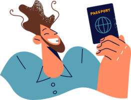 Man demonstrates passport of resident of state, rejoicing in successful immigration and changing country of residence. Happy guy with international passport for visas allowing to travel around world png