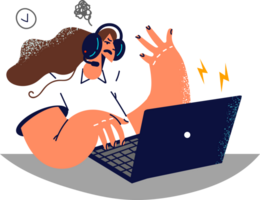 Nervous woman call center specialist sits at table with laptop and uses headset for consultation and support work. Call center agent who calls potential buyer hears aggressive response png