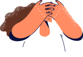 Woman closes eyes with palms, wanting to ignoring interlocutor or not to notice problems that arise. Cowardly girl pretends to be blind ignoring mistakes and refusing to admit trouble png