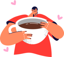 Sleepy man with cup of coffee inhales aroma of invigorating beverage, wanting to drink large portion of espresso. Guy drinks coffee to get rid of drowsiness and gain strength before working day png