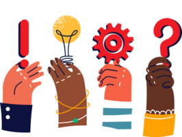 People hands with symbols of looking for ideas to create innovative business or modernize production process. Light bulb and gear brainstorming metaphor for finding idea for progressive production png