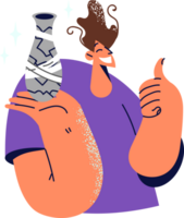 Man who fixed broken vase with adhesive tape and restored vessel shows thumbs up and smiles. Guy is trying to pass off broken vase as whole, wanting to sell low-quality or defective goods png
