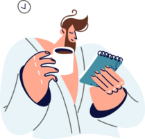Man in bathrobe drinks coffee instead of breakfast and holds notebook, reading plan with notes and personal thoughts. Successful man with cup of tea enjoying quiet evening after hard day at work png