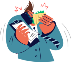 Busy business man eating and talking on phone at same time, working in multitasking mode. Guy in business suit suffers from overwork and lack of time for full meal due to strict deadlines. png
